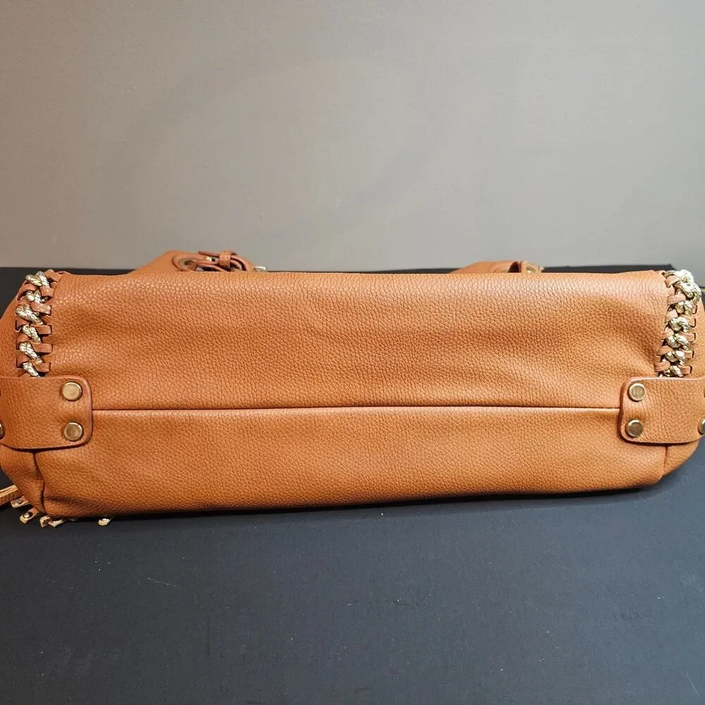 Anthropologie Melie Bianco Vegan Leather Camel Hobo Purse Handles Gold 11 x 16